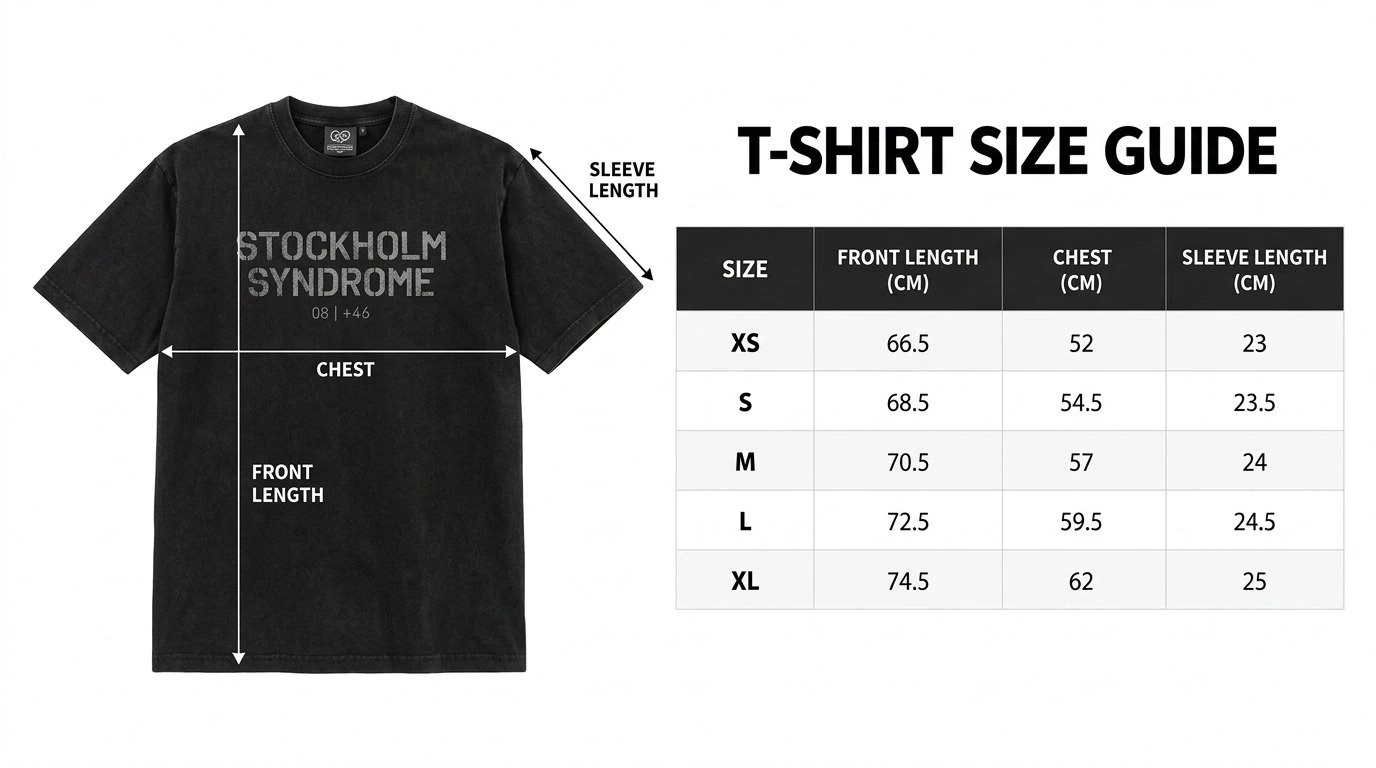 T-shirt size guide — front length, chest, and sleeve length measurements in cm for sizes XS through XL